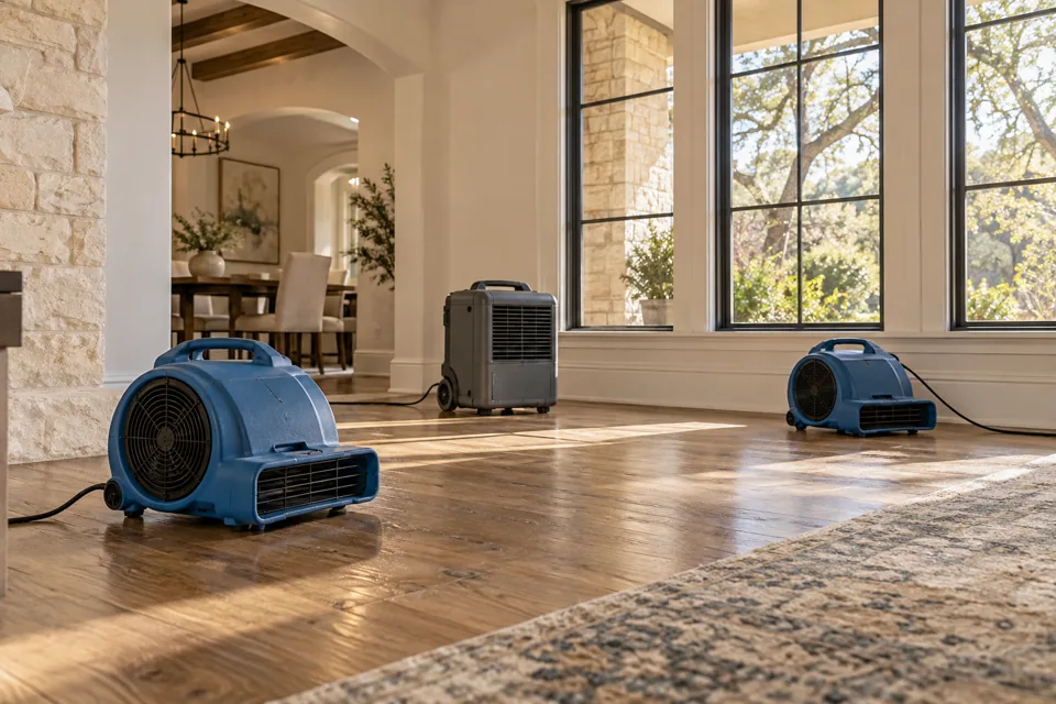 Professional air movers and dehumidifier in an empty room