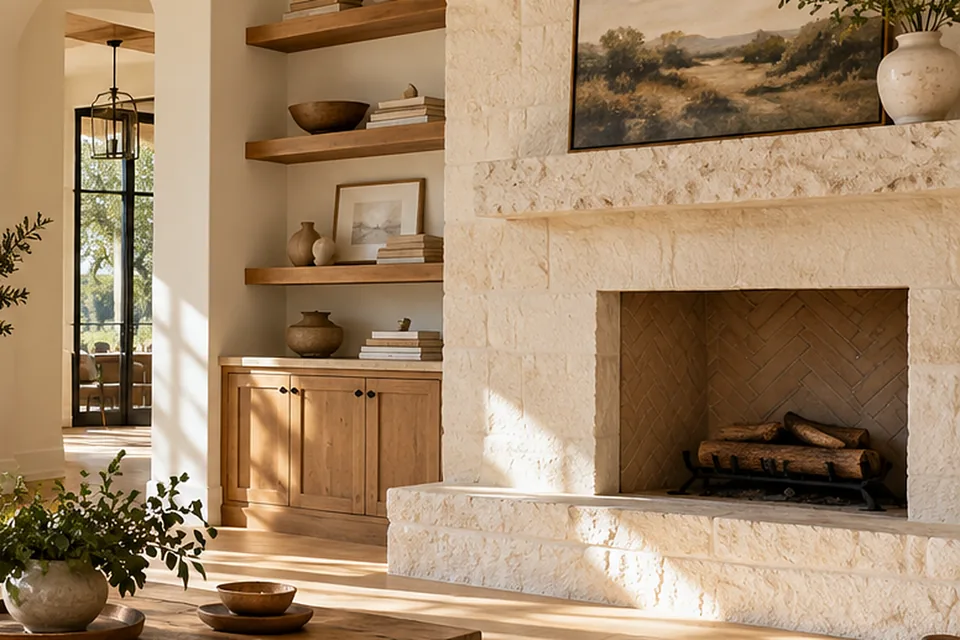 Stone fireplace with built-in shelves and a landscape painting in a living room, fire damage restoration in San Antonio, Texas