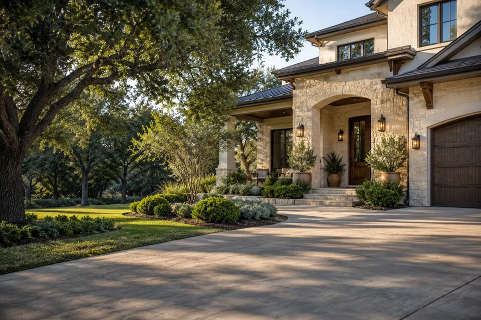 Damage Restoration San Antonio website cover with cream limestone and stucco Texas home with a shaded porch and oak landscaping