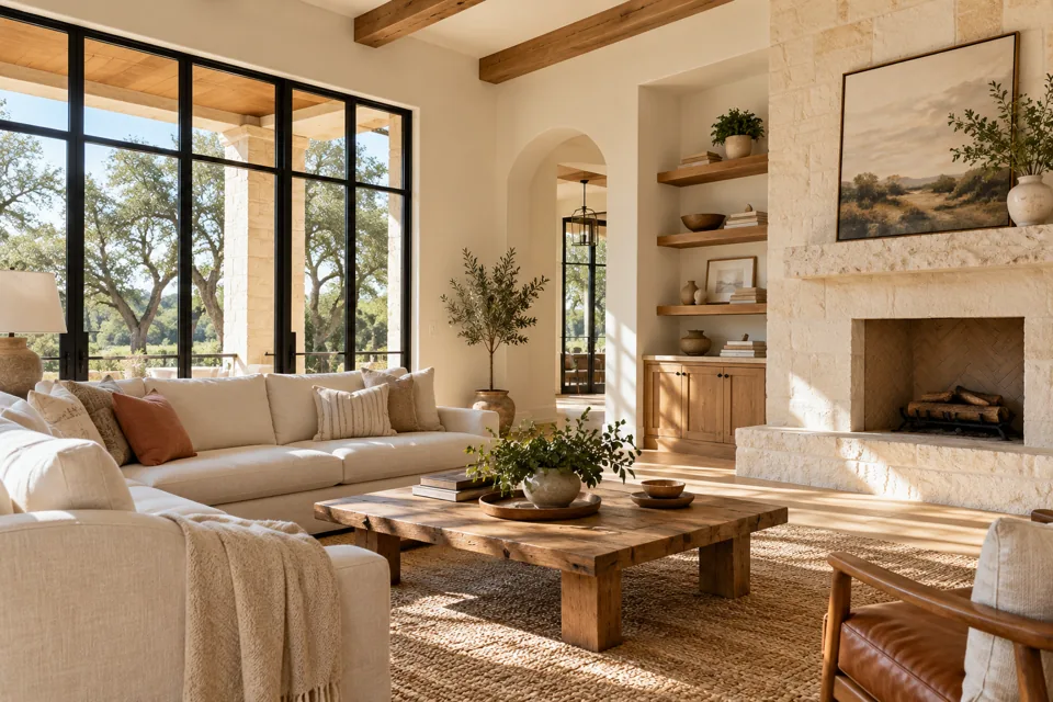 Bright unoccupied living room with pale walls and natural materials
