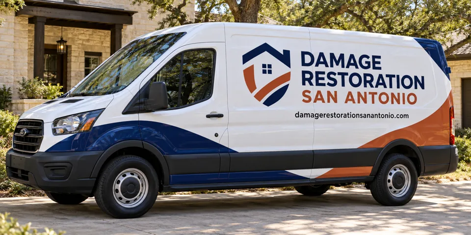 Damage Restoration San Antonio branded van beside a home